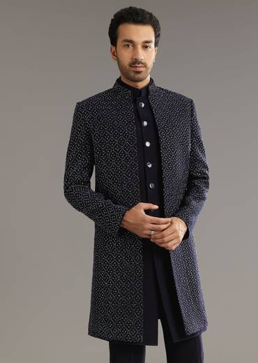 Blue Salli And Diamond Embellished Indo Western Set In Suiting Fabric