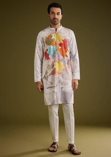 Multicolor Linen Zipper Kurta Set With Abstract Leaf Prints
