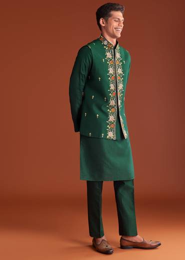 Bottle Green Silk Kurta Jacket Set With Multi Thread And Mirror Work