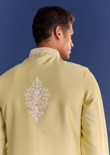 Yellow Cotton Silk Kurta Jacket Set With Mirror And Dori Work