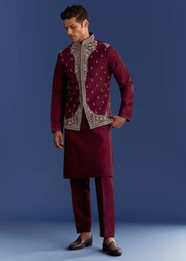 Red Cotton Silk Kurta Jacket Set With Mirror And Thread Work