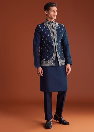 Blue Cotton Silk Kurta Jacket Set With Mirror Embroidery