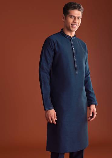 Blue Cotton Silk Kurta Jacket Set With Mirror Embroidery