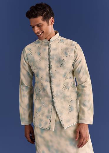 Green Cotton Silk Mirrowork Kurta Jacket Set With Tie Dye Print