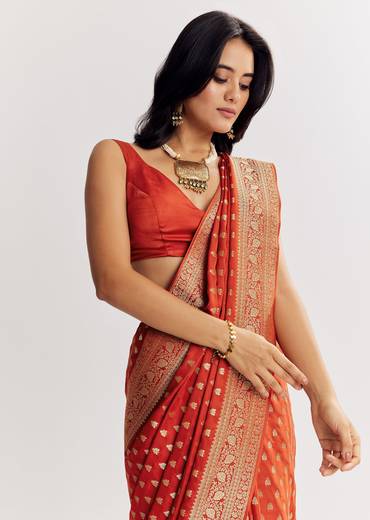 Rust Orange Dola Silk Saree With Butti And Woven Border
