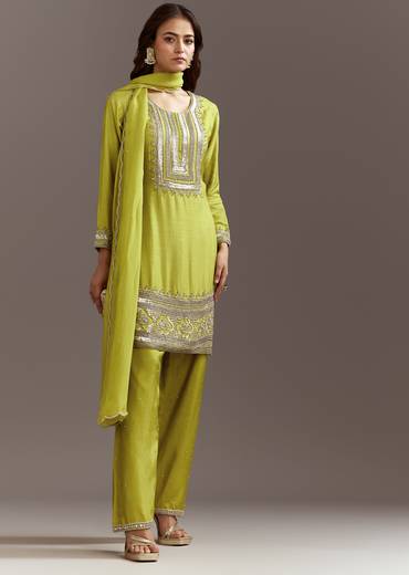 Green Beads And Sequins Work Kurta Set With Organza Dupatta