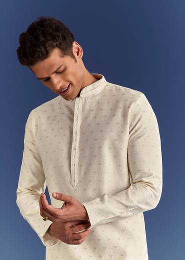 Beige Benaras Jacquard Kurta Set With Print