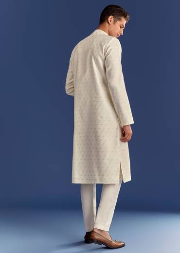 Beige Benaras Jacquard Kurta Set With Print