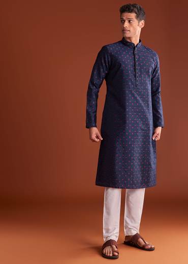 Blue Benaras Printed Jacquard Kurta Set