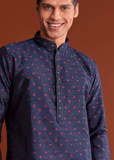 Blue Benaras Printed Jacquard Kurta Set