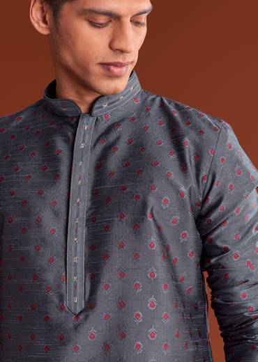 Grey Benaras Jacquard Kurta Set With Butti Print