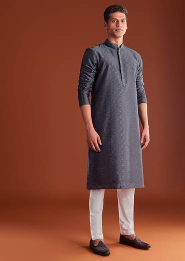 Grey Benaras Jacquard Kurta Set With Butti Print