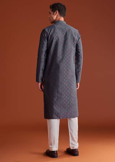 Grey Benaras Jacquard Kurta Set With Butti Print
