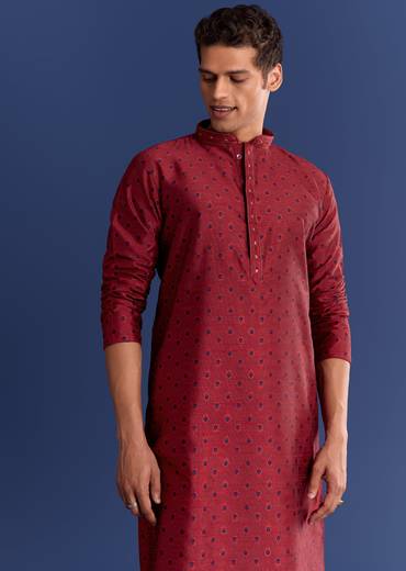 Red Benaras Jacquard Kurta Set With Print