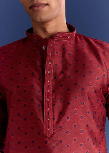 Red Benaras Jacquard Kurta Set With Print