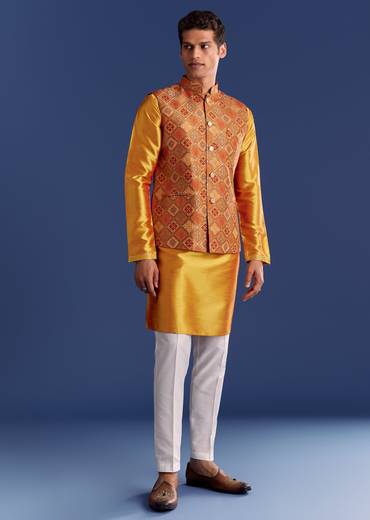 Orange Brocade Kurta Jacket Set With Geometric Print