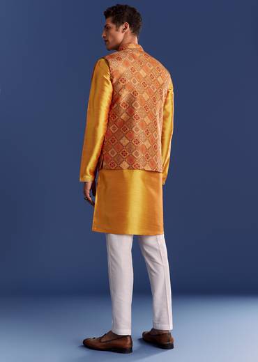 Orange Brocade Kurta Jacket Set With Geometric Print