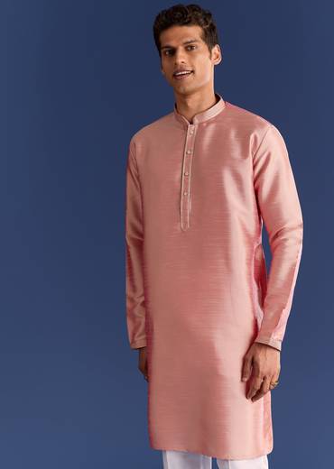 Peach Brocade Kurta Jacket Set With Geometric Print