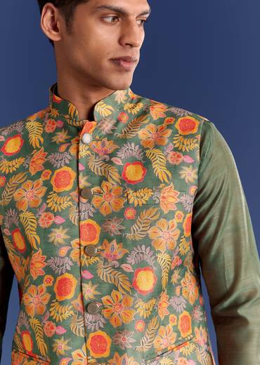 Green Kurta Jacket Set With Floral And Vine Prints