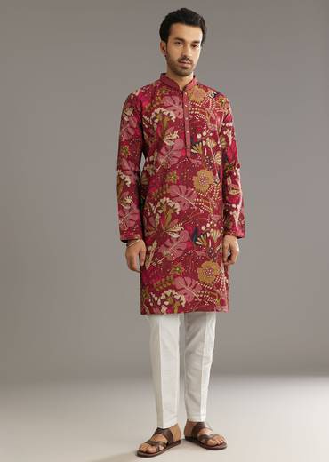 Wine Silk Kurta Set With Stone Embellishment