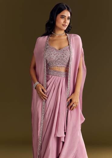 Pink Mirror Sequin Embroidered Croptop Skirt With Cape