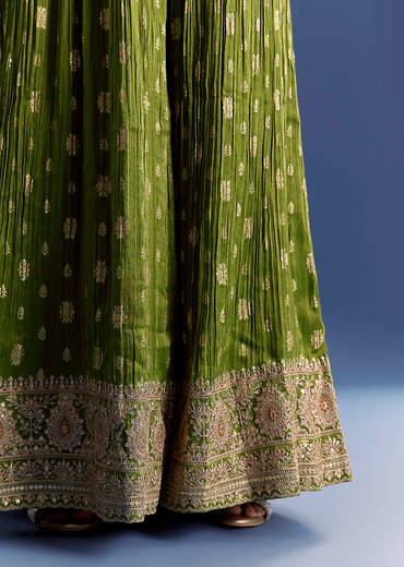 Orange Tissue Kurta Set With Zari Palazzo And Floral Dupatta