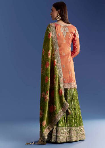 Orange Tissue Kurta Set With Zari Palazzo And Floral Dupatta