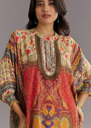 Printed Kaftan Set With Stone and Lace Work with Pant and Potli Bag