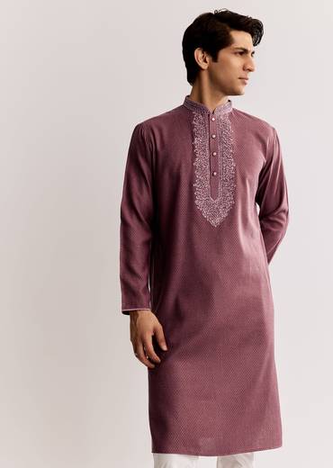 Mauve Silk Kurta Set With Thread Embroidery