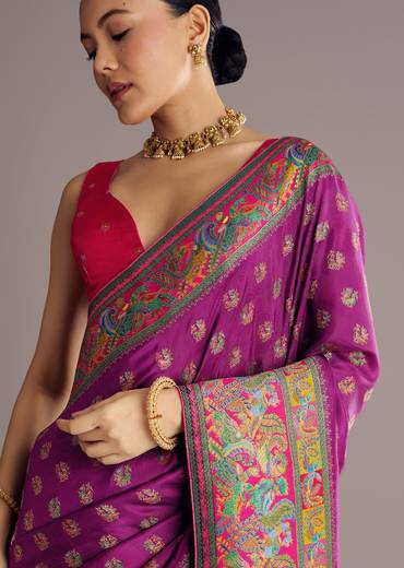 Wine Purple Saree With Multicolor Woven Motifs And Buttis