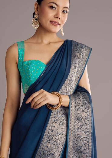 Peacock Blue Dola Silk Saree With Woven Border And Pallu