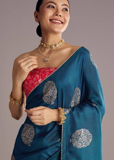 Peacock Blue Dola Silk Brocade Saree With Gotapatti Border