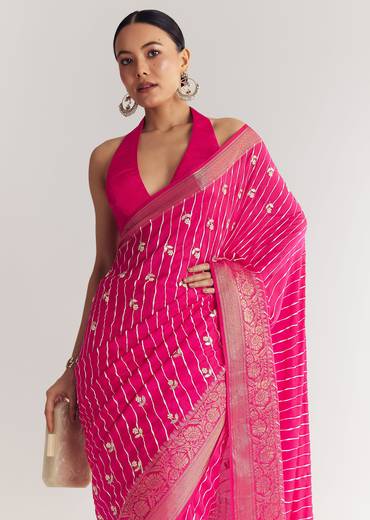 Rani Pink Leheriya Print With Floral Gotapatti And Moti Embroidery.
