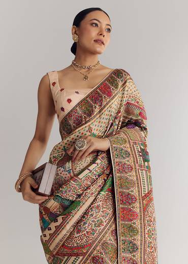 Off White Saree In Natural Traditional Prints