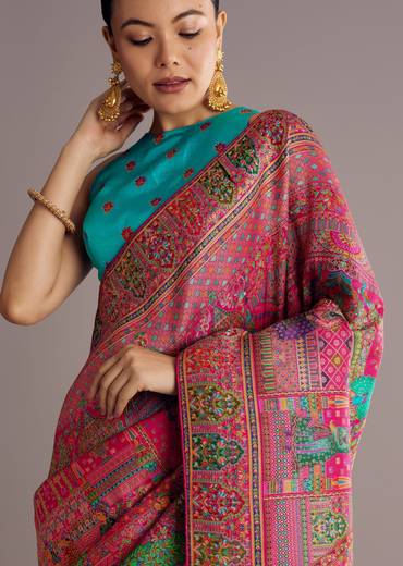 Magenta Dola Silk Saree With Traditional Prints
