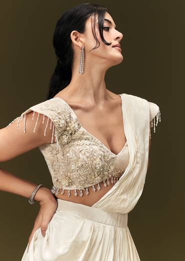 Ivory Crepe Pre Draped Saree With Zardosi And 3D Flower Motifs