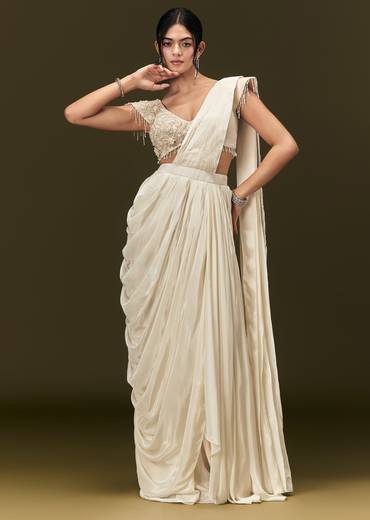Ivory Crepe Pre Draped Saree With Zardosi And 3D Flower Motifs