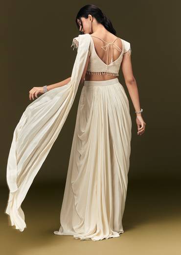 Ivory Crepe Pre Draped Saree With Zardosi And 3D Flower Motifs