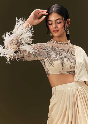 Off White Ready To Wear Satin Saree With Full Sleeve Blouse