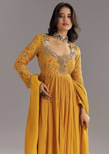 Mustard Chinon Anarkali Set With Moti Zari and Cut Dana Embroidery