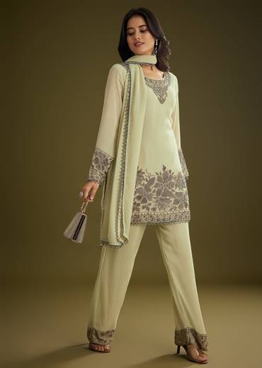 Mint Green Georgette Beads Kurta Set With Tassels Bordered Dupatta