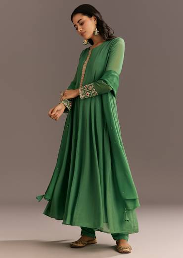 Green Chinon Kurta With Zardosi Moti Work On Neckline And Sleeves