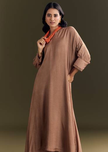 Light Brown Solid Kurta Pant Set With Orange Beaded Neckpiece
