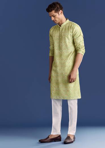 Pista Green Silk Kurta Set With Printed Symmetry