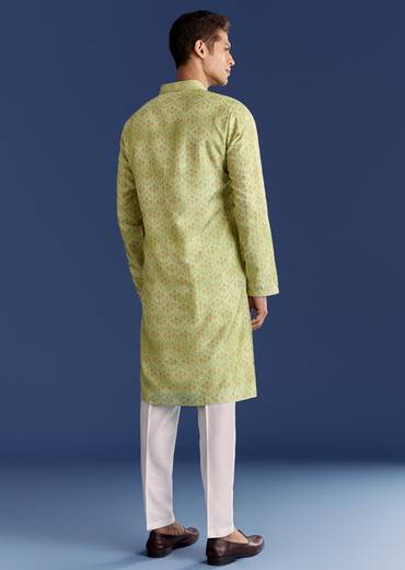 Pista Green Silk Kurta Set With Printed Symmetry