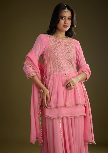 Pink Georgette Gotta Lace Kurta Set With Cut Dana and Sequins Detailing