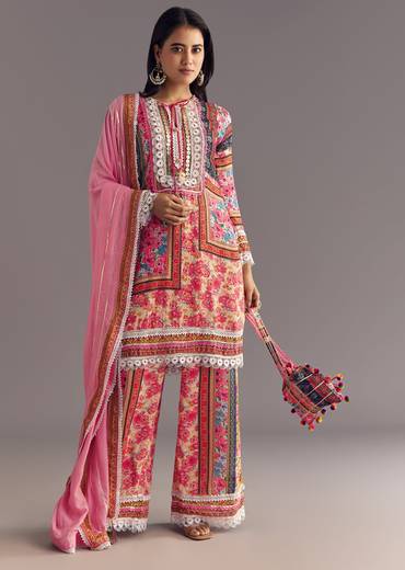 Pink Tabby Silk Floral Print Kurta Palazzo Set With Potli Bag