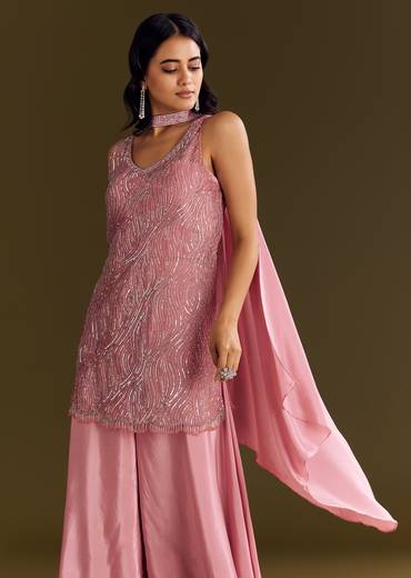 Pink Crepe Embroidered Kurta Palazzo Suit Set With Net Choker Dupatta