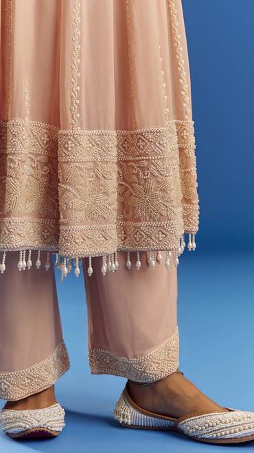 Peach Moti Beads Georgette Anarkali Set With Tassel Dupatta