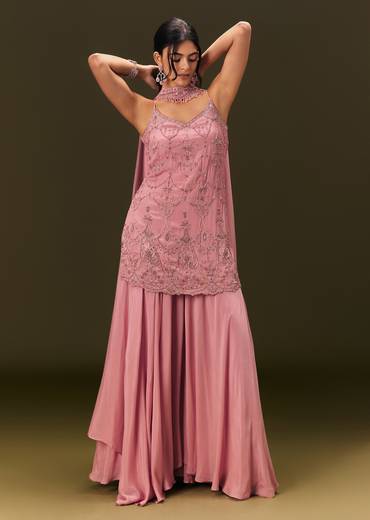 Pink Embroidered Chinon Kurti With Flared Pant And Choker Dupatta